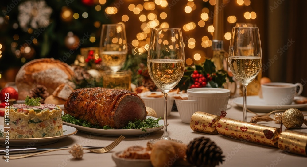 Festive dinner table with roast pork, salads, desserts, and sparkling wine, set against backdrop of warm lights holiday decor Festive dinner table with roast pork, salads, desserts, and sparkling wine, set against backdrop of warm lights holiday decor
