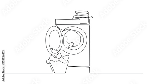 continuous line of laundry.one line drawing of washing machine and dirty clothes.modern technology of tools for washing clothes.single line vector illustration