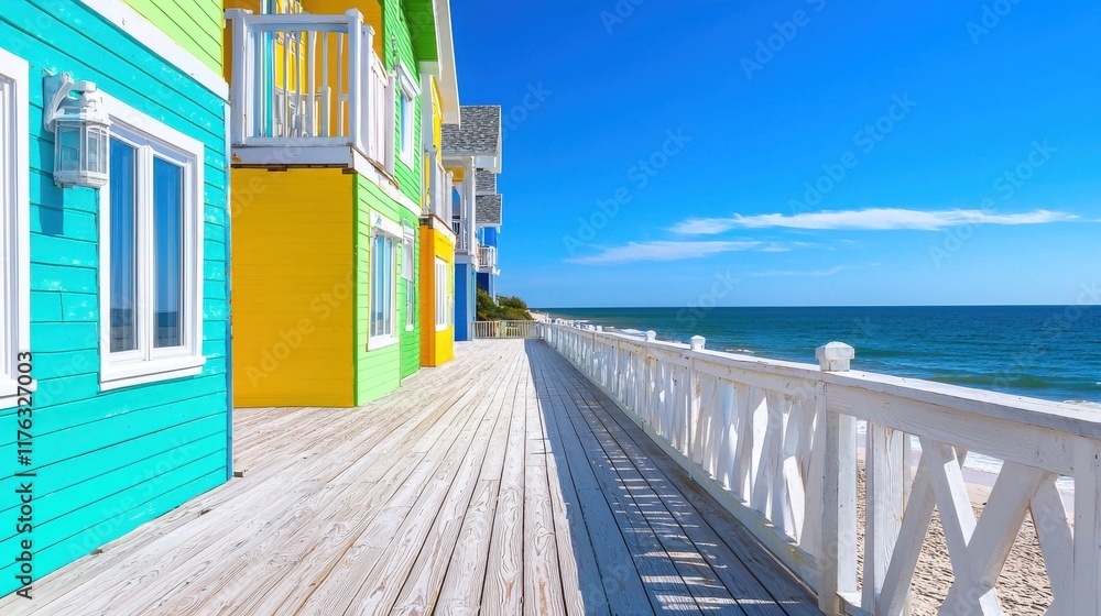 Colorful Seaside Village with Vibrant Coastal Architecture and Wooden Boardwalk Overlooking the Ocean Colorful Seaside Village with Vibrant Coastal Architecture and Wooden Boardwalk Overlooking the Ocean