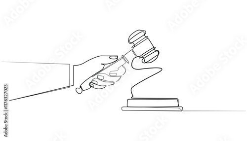 line art vector of judge's hand tapping gavel.abstract one line drawing of judge taking decision.judicial process one line concept.isolated white background