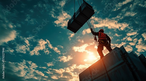 Silhouetted construction worker wearing safety harness lifting heavy load using crane against a dramatic sunset sky with glowing clouds  Concept of hard work career achievement