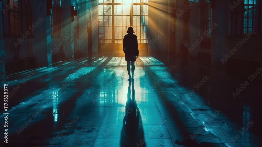 Obraz premium A solitary figure stands in an eerie, illuminated space, bathed in beams of light filtering through large windows, casting dramatic shadows on the floor
