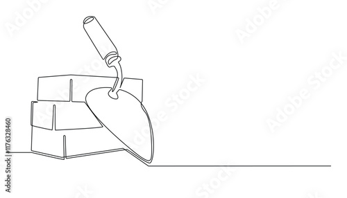 continuous line drawing of bricks and shovels.one line vector drawing of bricks and shovels in the building process.one line vector illustration.isolated white background