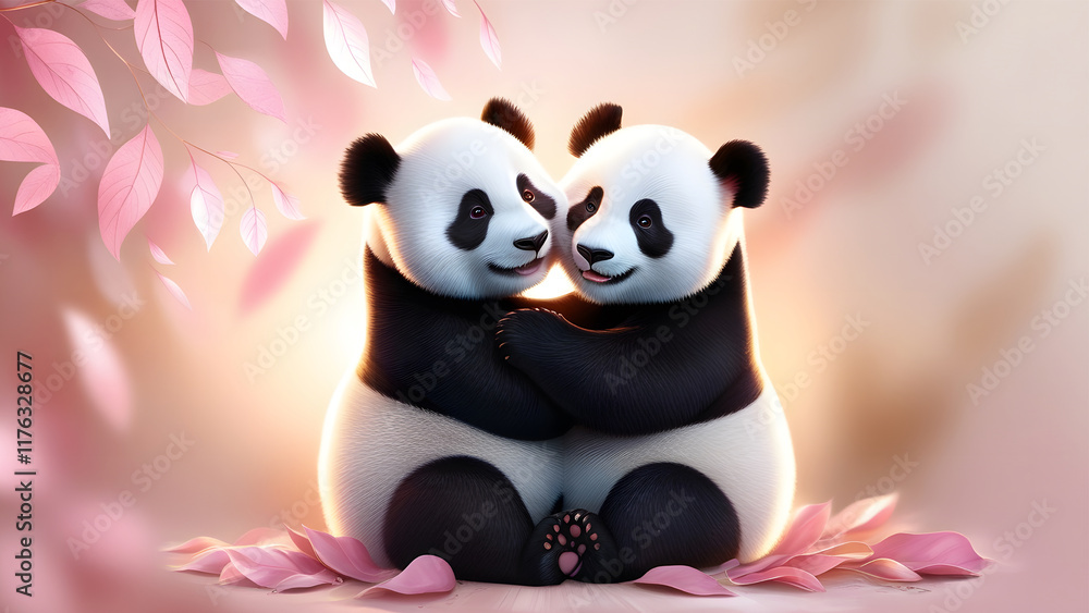 Obraz premium two panda in love with pink leaves background