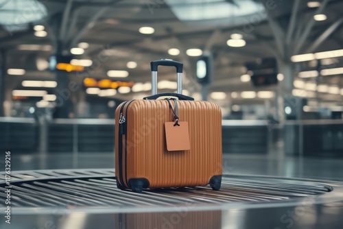 Traveling with a personalized suitcase at the airport carousel luggage detail modern terminal dynamic angle adventure awaiting photo