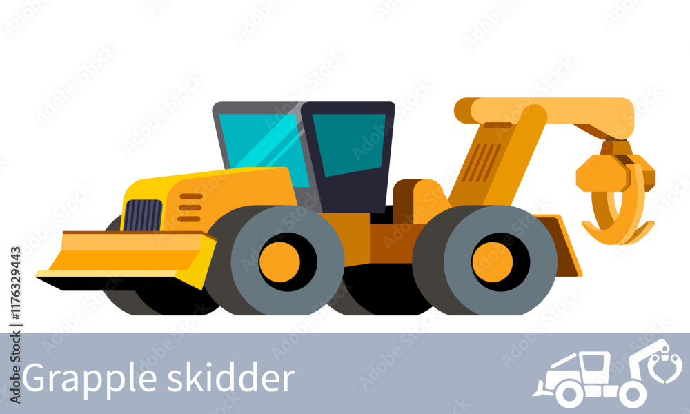 Forestry skidder front side view. Grapple skidder wheeled vehicle minimalistic icon. Forestry construction equipment isolated vector. Color icon illustration on white background Forestry skidder front side view. Grapple skidder wheeled vehicle minimalistic icon. Forestry construction equipment isolated vector. Color icon illustration on white background