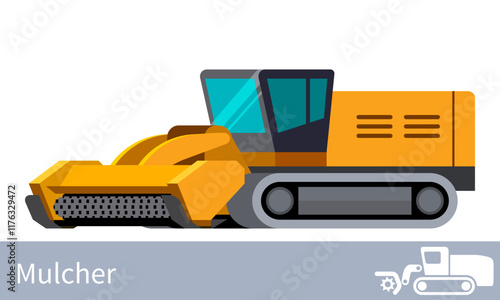 Forestry tracked stump mulcher vehicle for worknig at forest area. Mulcher minimalistic icon. Forestry construction equipment isolated vector. Color icon illustration on white background.