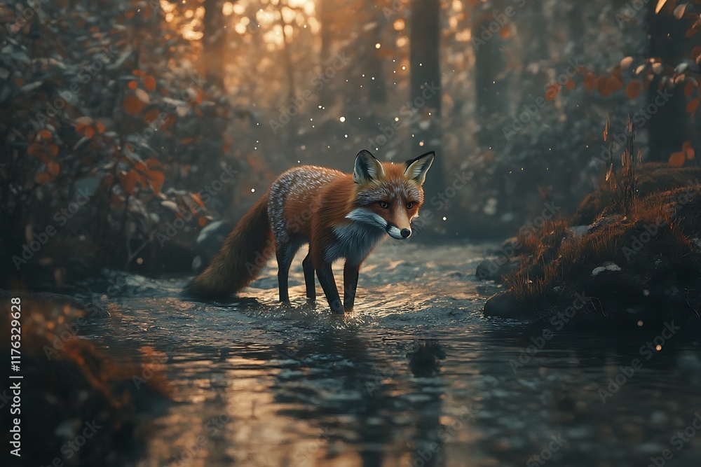 Fototapeta premium Majestic Fox in Winter Wonderland: A Serene Forest Stream
