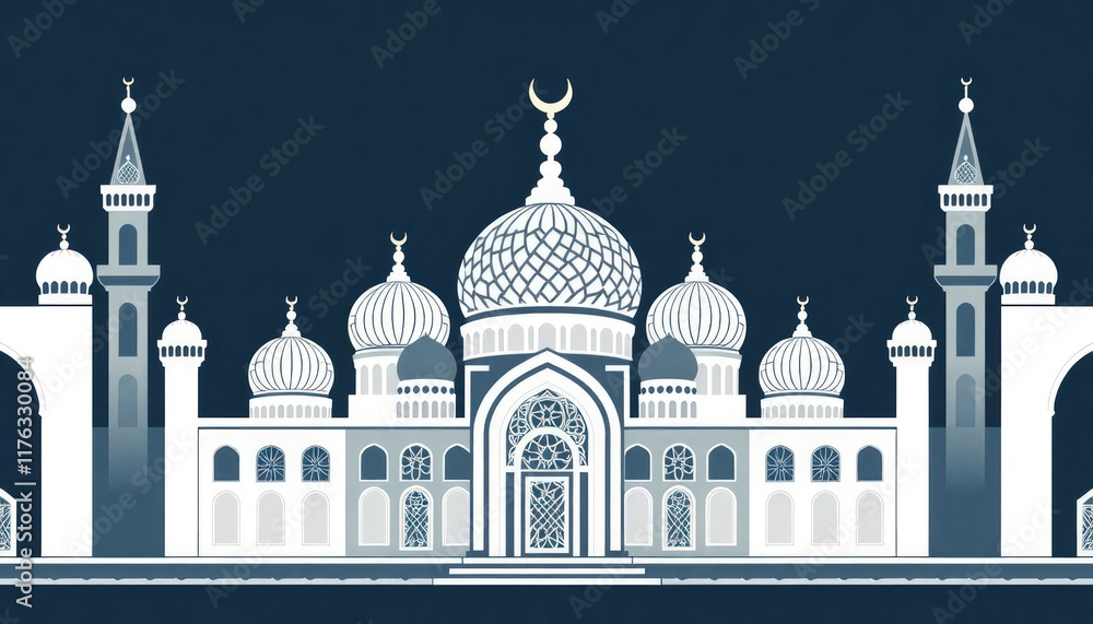 Fototapeta premium Islamic geometric mosque icon with intricate details in a seamless pattern style.