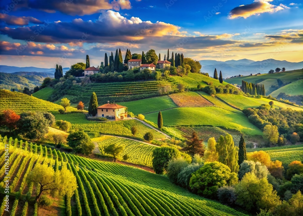 Naklejka premium Stunning Lombardy Landscape: Rolling Hills, Vineyards & Italian Countryside