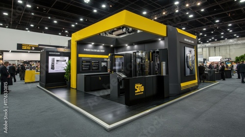 Modern Exhibition Booth Design Featuring Innovative Technology and Interactive Displays at a Professional Trade Show in a Spacious Convention Center