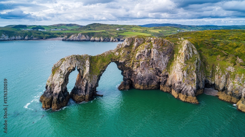 Naklejka premium Dramatic Coastal Cliff Arch Overlooking Serene Ocean Panorama with Rugged Cliffs and Crashing Waves
