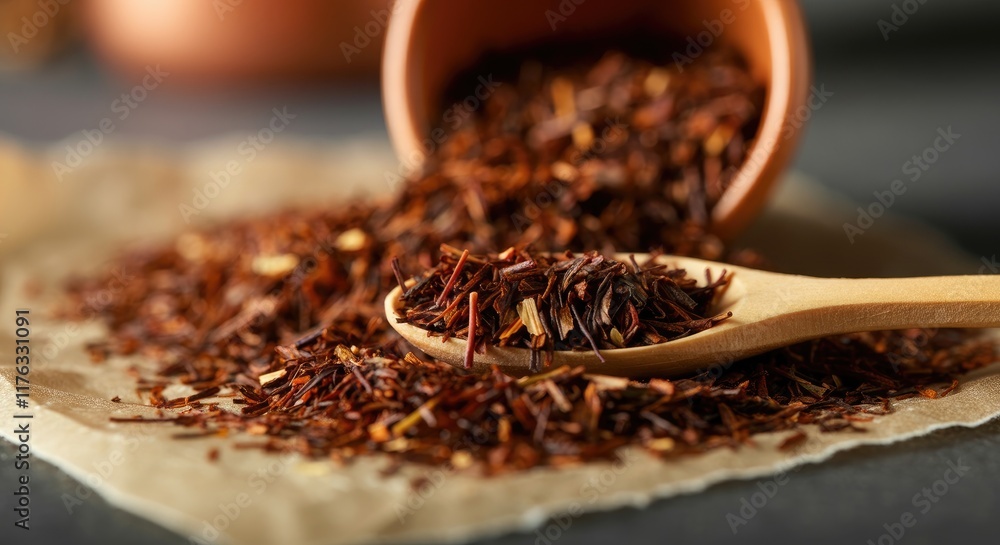 Loose red tea leaves spilling from terracotta container with wooden spoon, placed on parchment paper Loose red tea leaves spilling from terracotta container with wooden spoon, placed on parchment paper