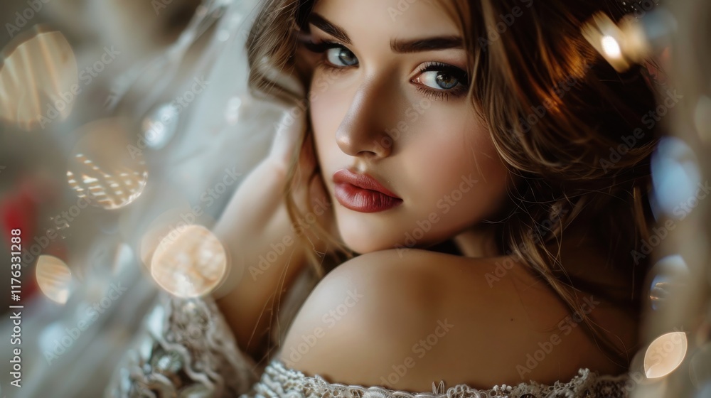 Ethereal Portrait of a Young Woman with Enchanting Eyes Surrounded by Soft Glowing Lights in a Dreamy and Romantic Atmosphere Ethereal Portrait of a Young Woman with Enchanting Eyes Surrounded by Soft Glowing Lights in a Dreamy and Romantic Atmosphere