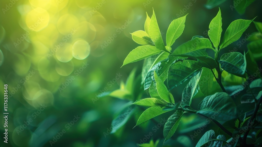Fresh Green Leaves Bathed in Soft Sunlight with Beautiful Bokeh Background, Symbolizing Nature's Rejuvenation and Tranquility in a Lush Forest Environment Fresh Green Leaves Bathed in Soft Sunlight with Beautiful Bokeh Background, Symbolizing Nature's Rejuvenation and Tranquility in a Lush Forest Environment