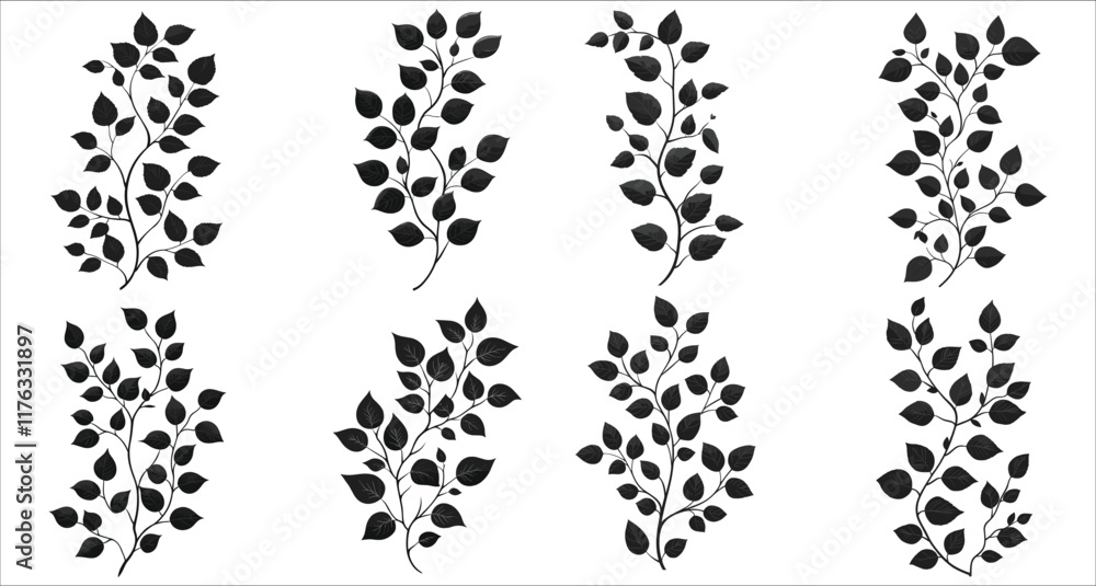 Abstract leaf and branch silhouettes, Black silhouettes of leaves on branch, Set of leaf and branch silhouettes, Wild leaf and branch, Autumn leaves silhouettes vector Abstract leaf and branch silhouettes, Black silhouettes of leaves on branch, Set of leaf and branch silhouettes, Wild leaf and branch, Autumn leaves silhouettes vector