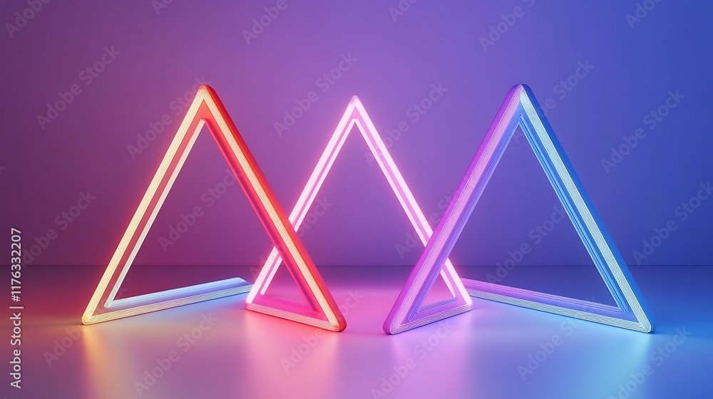 Three Neon Triangles Illuminate Purple Background Three Neon Triangles Illuminate Purple Background