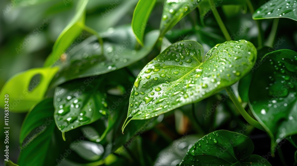 Lush Green Leaves with Water Droplets Showcasing Nature's Beauty in a Vibrant and Fresh Environment Ideal for Relaxation and Inspiration in Various Creative Projects Lush Green Leaves with Water Droplets Showcasing Nature's Beauty in a Vibrant and Fresh Environment Ideal for Relaxation and Inspiration in Various Creative Projects