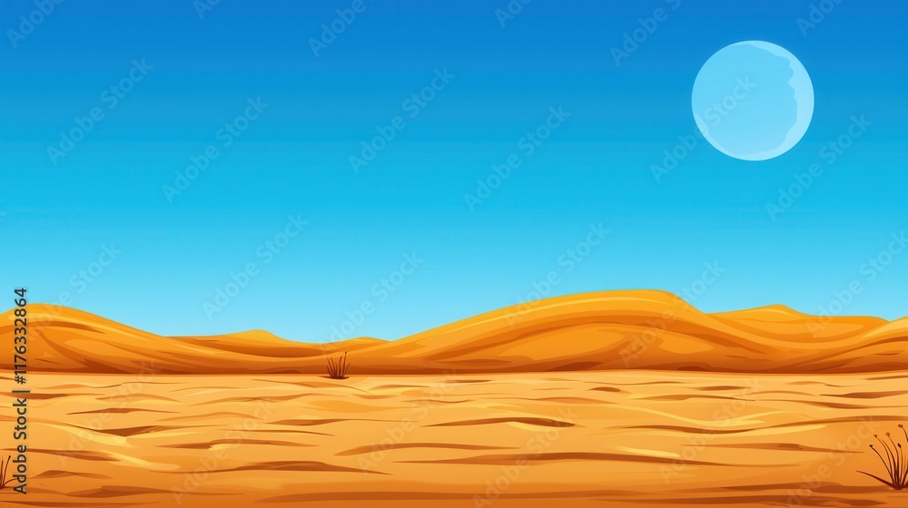 Fototapeta premium Expansive Desert Landscape under Serene Blue Sky and Shimmering Moon