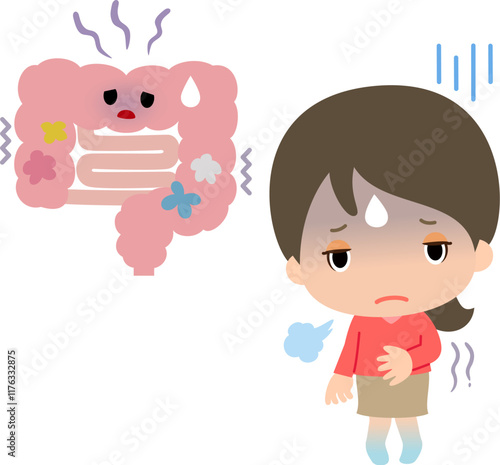 不健康な腸のキャラクターと体調が悪い女性