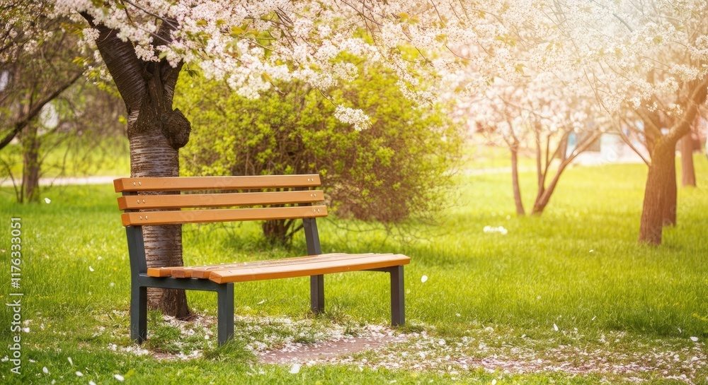 Fototapeta premium Serene park with flowered tree beside bench
