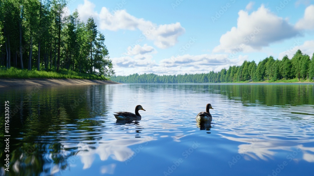 Serene Mirrored Lake with Silhouetted Ducks Swimming in Tranquil Forest Landscape Serene Mirrored Lake with Silhouetted Ducks Swimming in Tranquil Forest Landscape