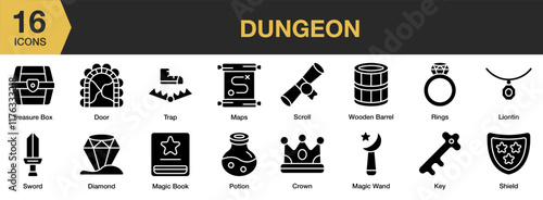 Dungeon solid icon set. Includes adventure, magic, castle, medieval, roll, arch, and More. Solid icons vector collection.
