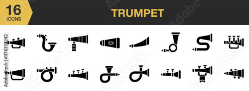 Trumpet solid icon set. Includes Concert, Instrument, Music, Orchestra, Trumpet, and More. Solid icons vector collection.