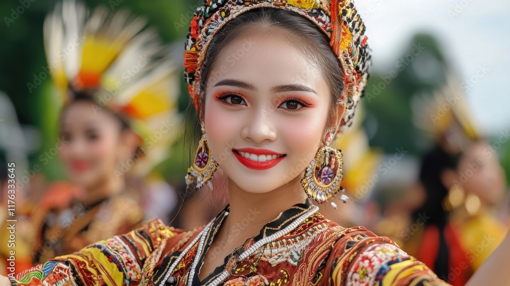Fototapeta premium Vibrant traditional Chinese ethnic costume and headdress at festival parade