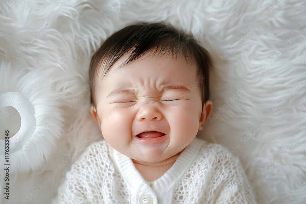 Crying newborn baby lying on a white fur rug, wearing a white knitted cardigan Crying newborn baby lying on a white fur rug, wearing a white knitted cardigan