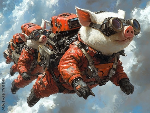 Fototapeta Naklejka Na Ścianę i Meble -  Two pigs in space suits flying through clouds with jetpacks, showcasing a whimsical and adventurous theme.