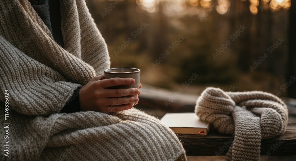 Cozy outdoor scene with person wrapped in blanket, holding hot drink Cozy outdoor scene with person wrapped in blanket, holding hot drink