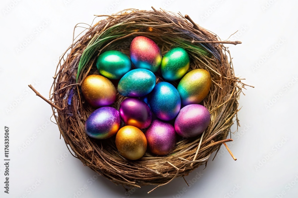 Surreal Easter Eggs Nest Top View White Background Holiday Concept Stock Photo Surreal Easter Eggs Nest Top View White Background Holiday Concept Stock Photo