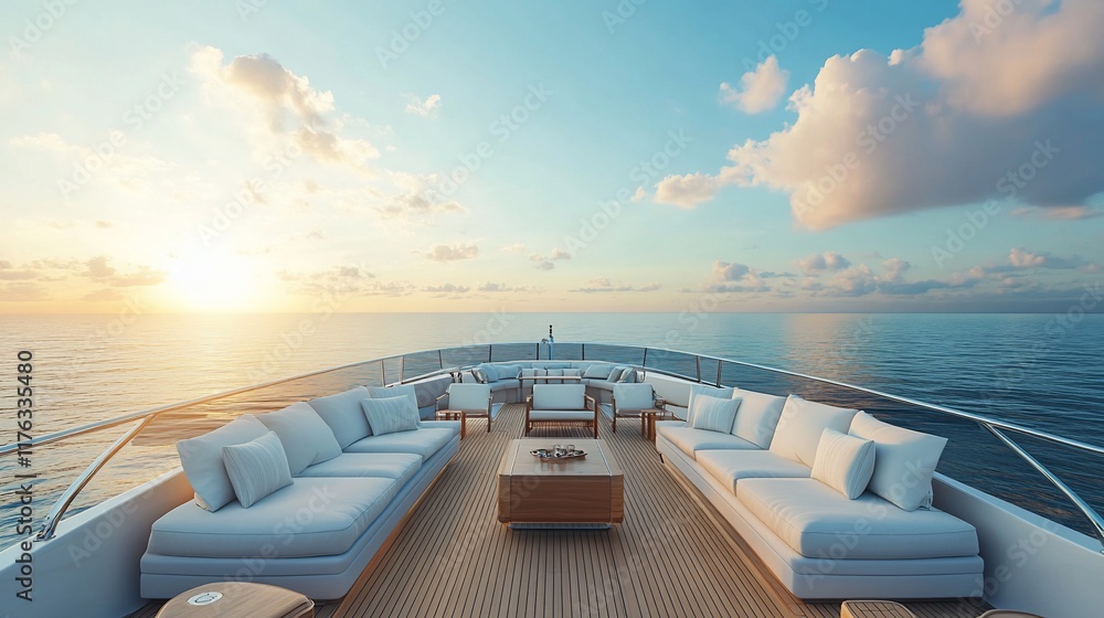 Fototapeta premium Luxury yacht deck at sunset, ocean view.