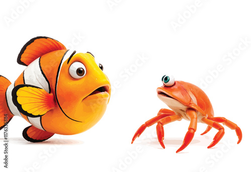 Vector image of a fat and cute clownfish looking surprised and confused because it met a small crab.