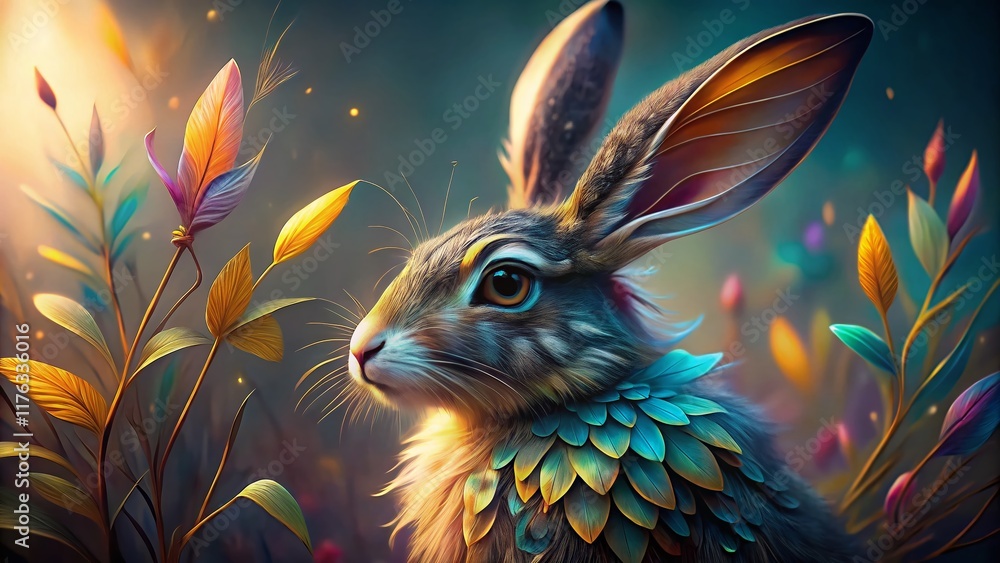 Fototapeta premium Surreal Indian Rabbit with Feathers: Mystical Avian Creature Photography