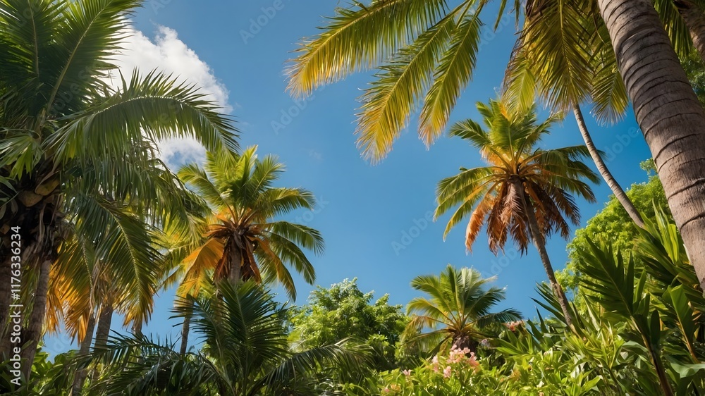 Tropical Bliss: Peach Palms, Colorful Flowers, and Radiant Sunlit Foliage Tropical Bliss: Peach Palms, Colorful Flowers, and Radiant Sunlit Foliage