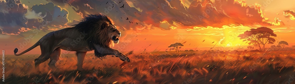A dramatic rendering of a fierce lion prowling through a savannah landscape at sunset A dramatic rendering of a fierce lion prowling through a savannah landscape at sunset