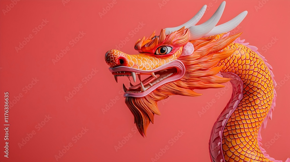Vibrant Dragon Head Sculpture on Pink Background Vibrant Dragon Head Sculpture on Pink Background