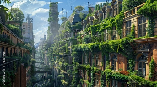 Fototapeta Naklejka Na Ścianę i Meble -  A dystopian city where plants have evolved to reclaim urban spaces