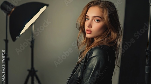 Professional fashion photography with a model in a studio setting. photo