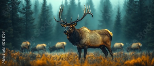Majestic elk in a misty forest setting with other elk nearby.