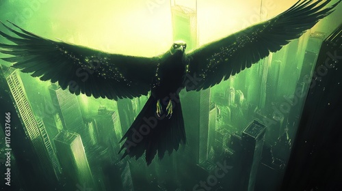 Wallpaper Mural Majestic hawk soars above a futuristic, vibrant, and eerie green cityscape. Torontodigital.ca