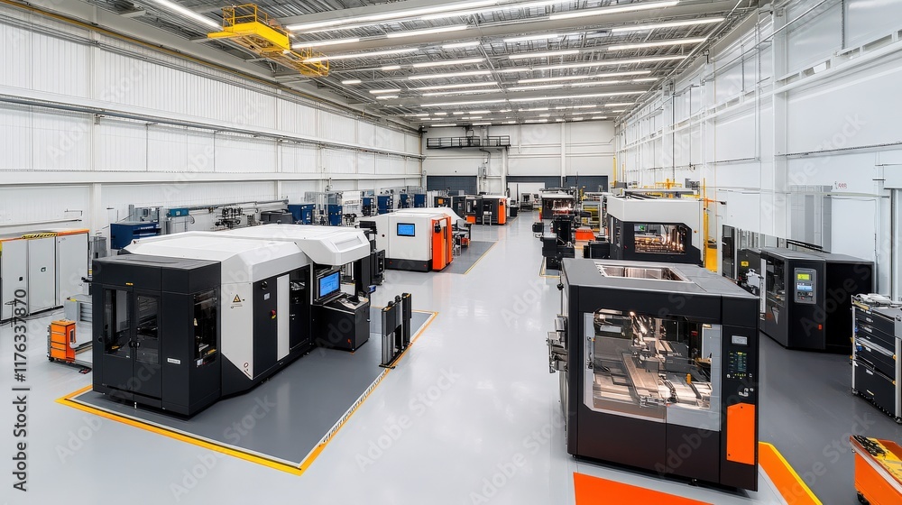Modern Industrial Facility Featuring Advanced Machinery, CNC Machines, Robotic Systems, and Efficient Workflow in a Clean Manufacturing Environment