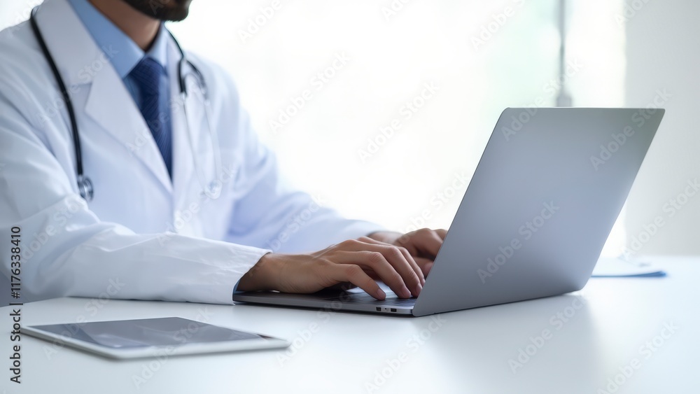 Doctor using a laptop to analyze data and records in a medical office