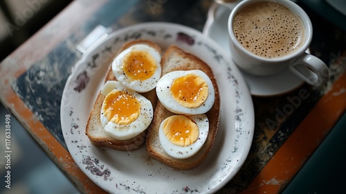 Sliced hard-boiled eggs on toast with coffee.
