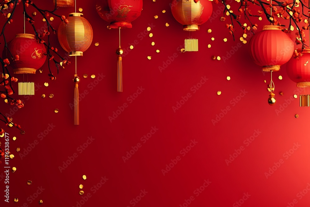 Red Background with Hanging Chinese Lanterns and Gold Decorations – Elegant Lunar New Year or Spring Festival Theme for Holiday Greeting Cards, Invitations, Ads, Banners, and Festive Designs Red Background with Hanging Chinese Lanterns and Gold Decorations – Elegant Lunar New Year or Spring Festival Theme for Holiday Greeting Cards, Invitations, Ads, Banners, and Festive Designs