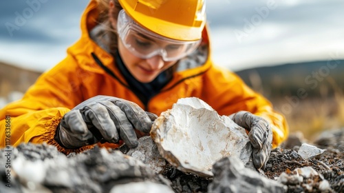 Geologist Examining Rock Sample in Rugged Outdoor Terrain photo