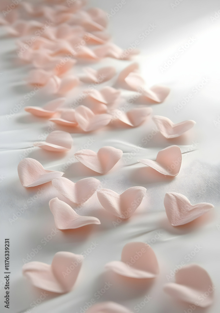 A delicate arrangement of soft pink heart-shaped petals scattered on a light surface. A delicate arrangement of soft pink heart-shaped petals scattered on a light surface.