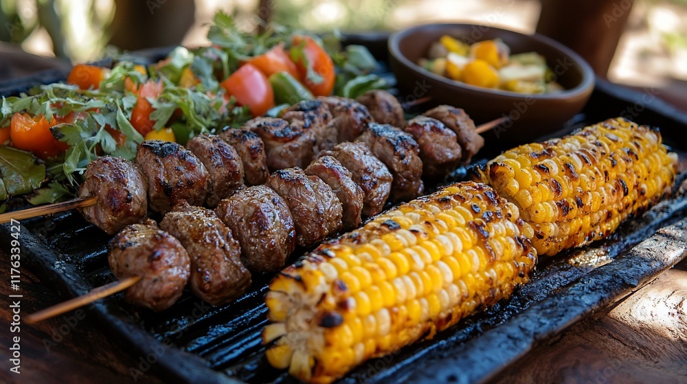 Grilled meat skewers, corn, and vegetables on a rustic tray. Grilled meat skewers, corn, and vegetables on a rustic tray.